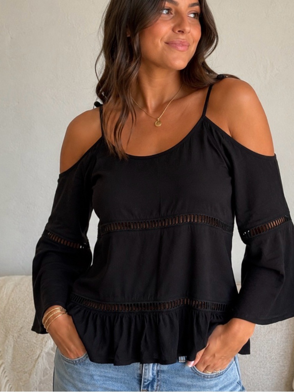 “Earthbound Trading Co Black Boho Cold Shoulder Bell Sleeve Top Small”